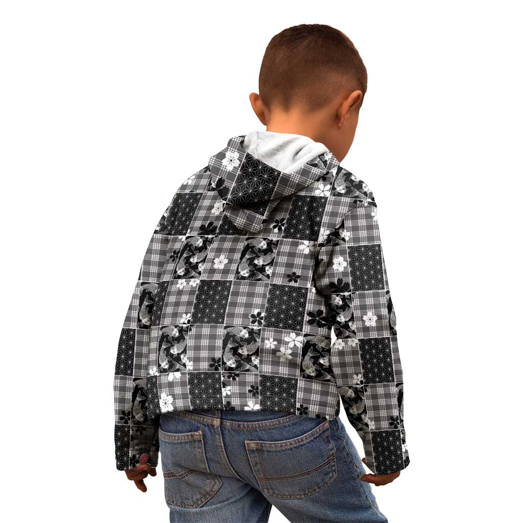 Black Palaka Japanese Patterns Kid Hoodie Koi Fish Asanoha Sakura Patchwork Stylized - Polynesian Pride