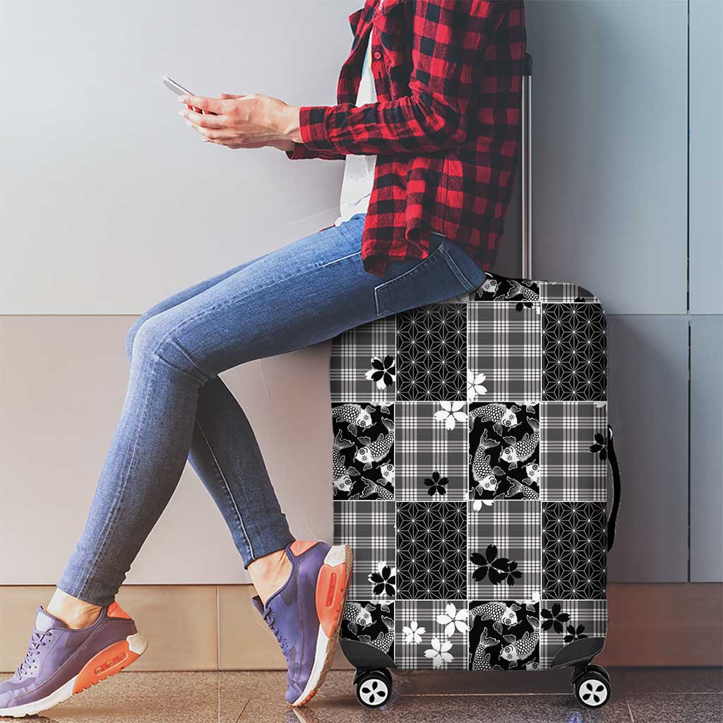 Black Palaka Japanese Patterns Luggage Cover Koi Fish Asanoha Sakura Patchwork Stylized - Polynesian Pride