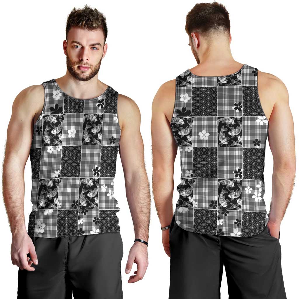 Black Palaka Japanese Patterns Men Tank Top Koi Fish Asanoha Sakura Patchwork Stylized - Polynesian Pride