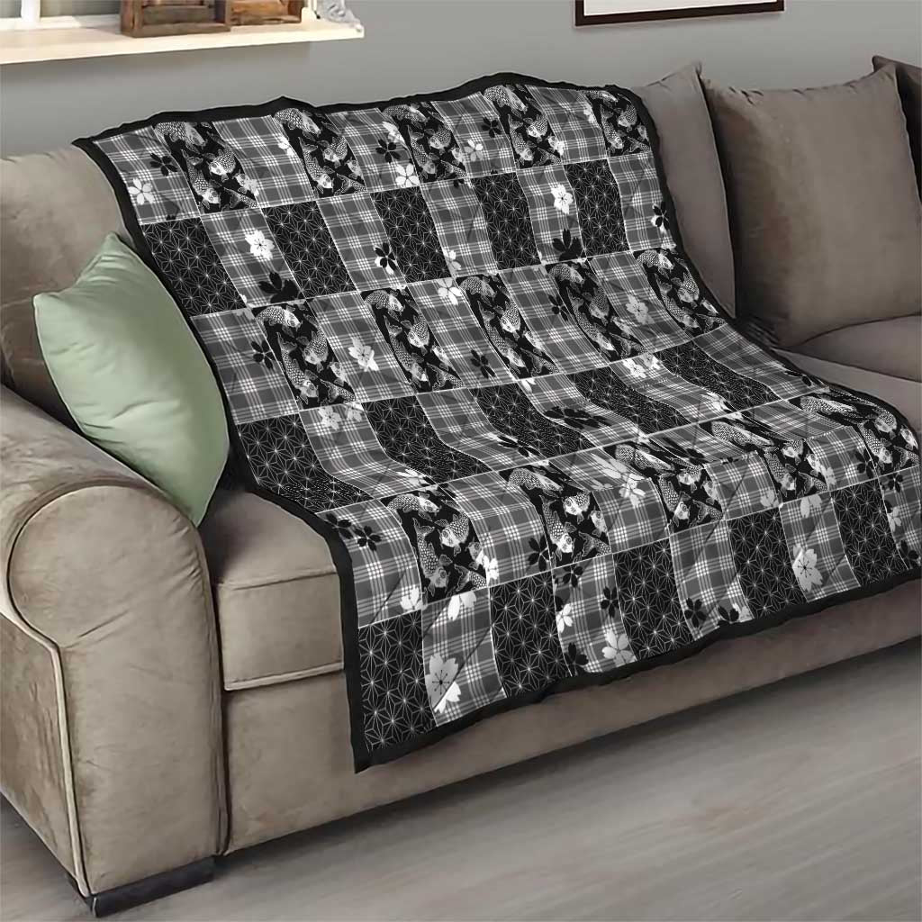 Black Palaka Japanese Patterns Quilt Koi Fish Asanoha Sakura Patchwork Stylized - Polynesian Pride
