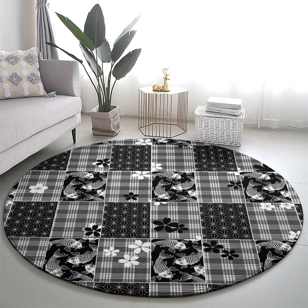 Black Palaka Japanese Patterns Round Carpet Koi Fish Asanoha Sakura Patchwork Stylized - Polynesian Pride