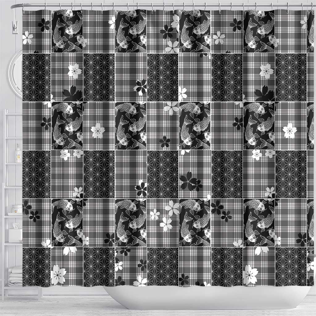 Black Palaka Japanese Patterns Shower Curtain Koi Fish Asanoha Sakura Patchwork Stylized - Polynesian Pride