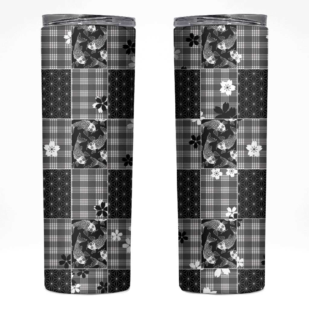Black Palaka Japanese Patterns Skinny Tumbler Koi Fish Asanoha Sakura Patchwork Stylized - Polynesian Pride