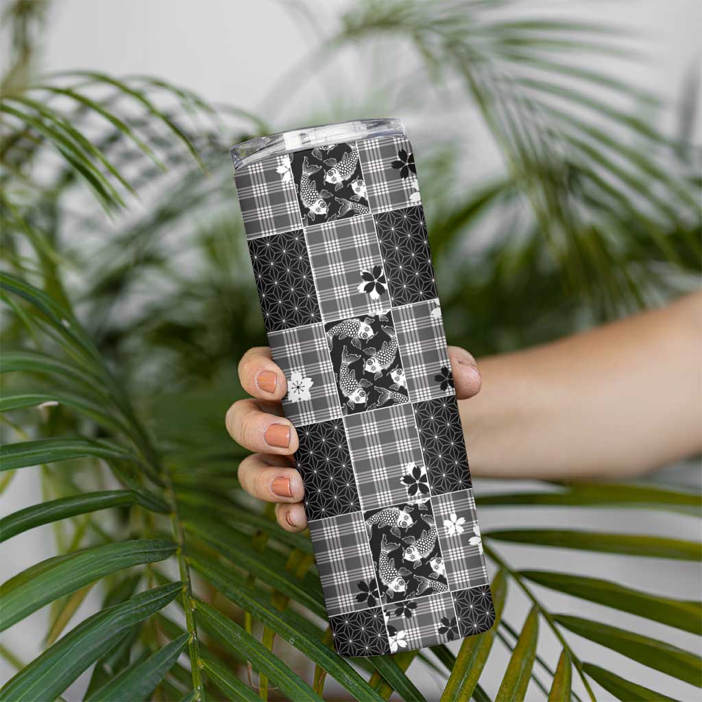 Black Palaka Japanese Patterns Skinny Tumbler Koi Fish Asanoha Sakura Patchwork Stylized - Polynesian Pride