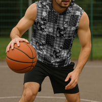 Black Palaka Japanese Patterns Sleeveless Hoodie Koi Fish Asanoha Sakura Patchwork Stylized - Polynesian Pride