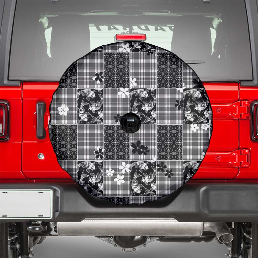 Black Palaka Japanese Patterns Spare Tire Cover Koi Fish Asanoha Sakura Patchwork Stylized - Polynesian Pride