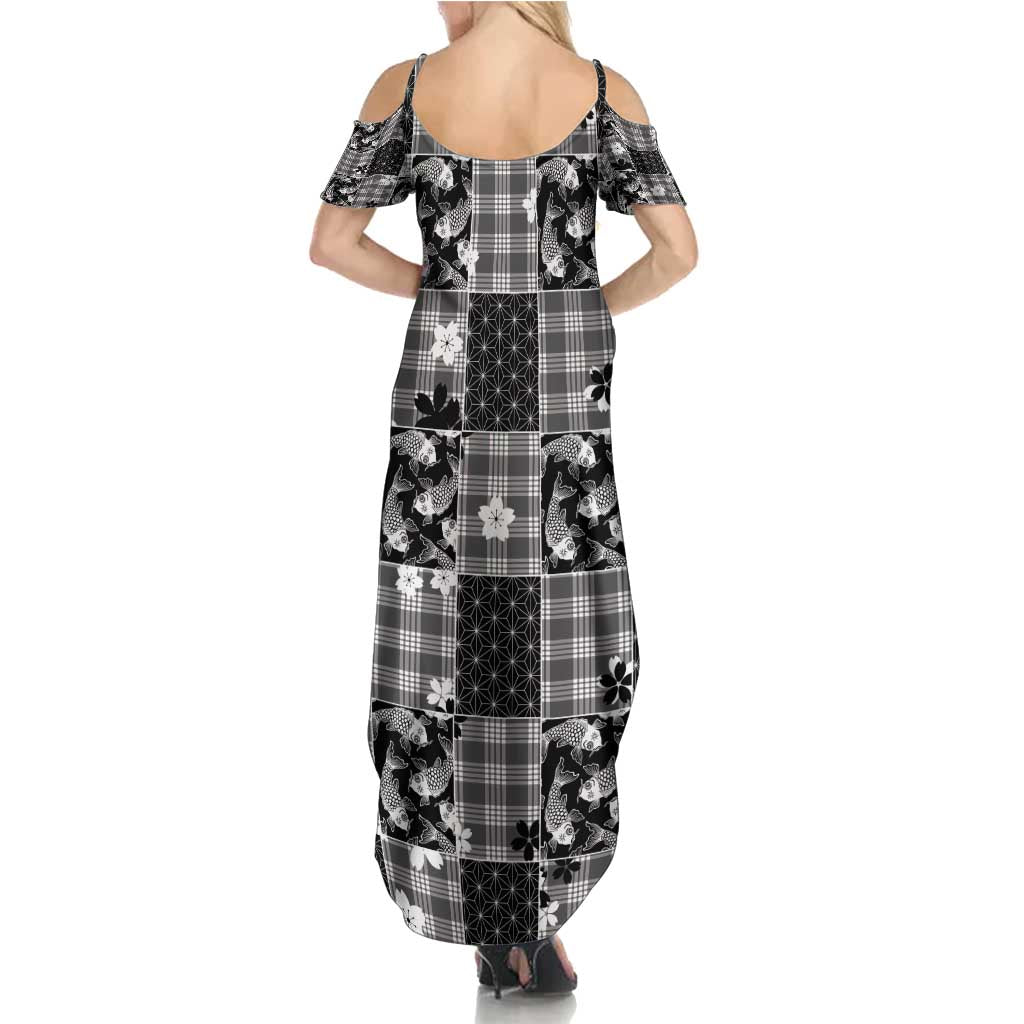 Black Palaka Japanese Patterns Summer Maxi Dress Koi Fish Asanoha Sakura Patchwork Stylized - Polynesian Pride