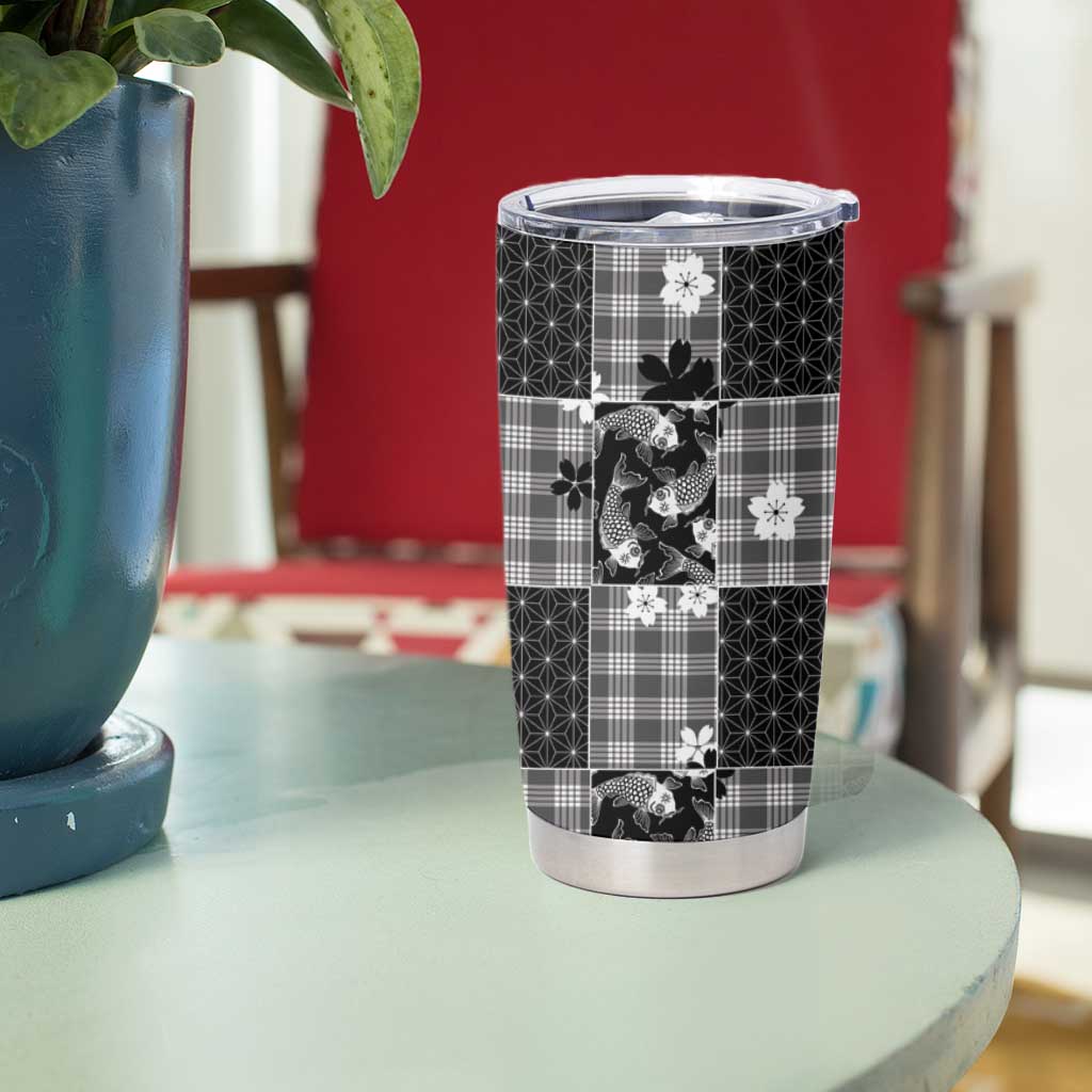 Black Palaka Japanese Patterns Tumbler Cup Koi Fish Asanoha Sakura Patchwork Stylized - Polynesian Pride
