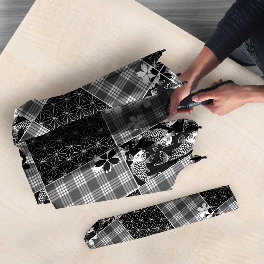 Black Palaka Japanese Patterns Umbrella Koi Fish Asanoha Sakura Patchwork Stylized - Polynesian Pride