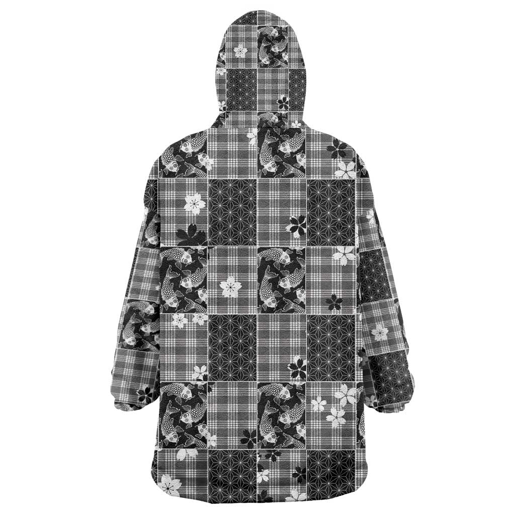 Black Palaka Japanese Patterns Wearable Blanket Hoodie Koi Fish Asanoha Sakura Patchwork Stylized - Polynesian Pride