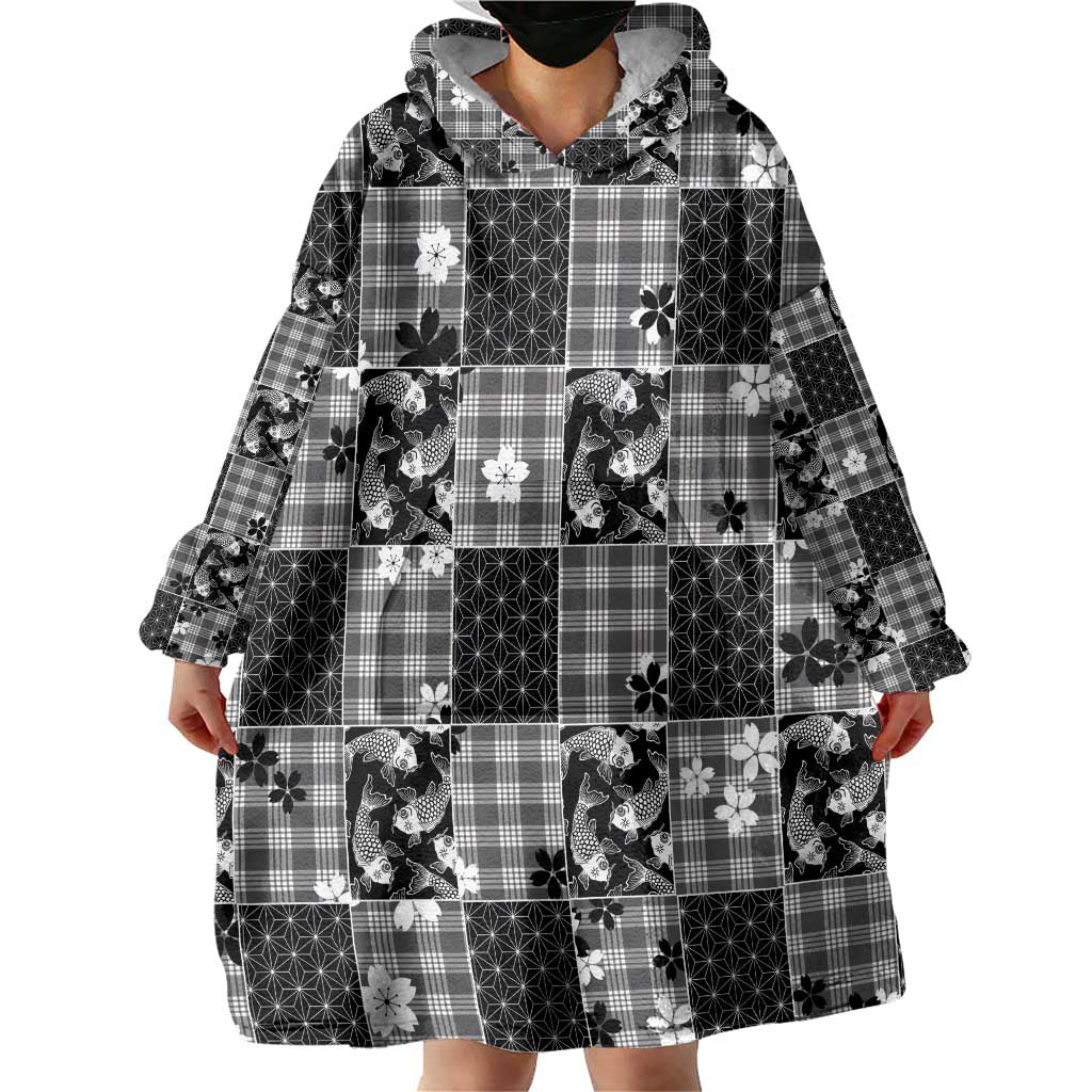 Black Palaka Japanese Patterns Wearable Blanket Hoodie Koi Fish Asanoha Sakura Patchwork Stylized - Polynesian Pride