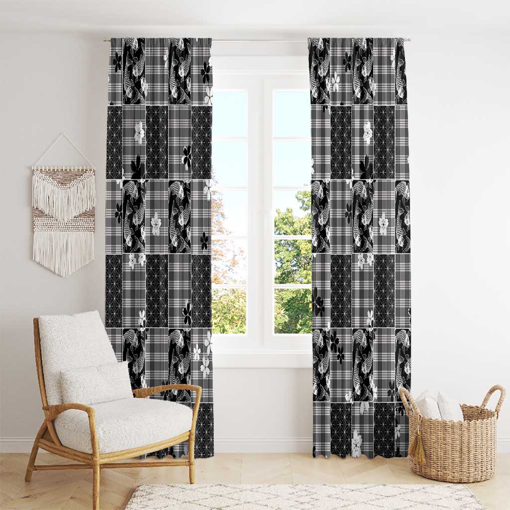 Black Palaka Japanese Patterns Window Curtain Koi Fish Asanoha Sakura Patchwork Stylized - Polynesian Pride