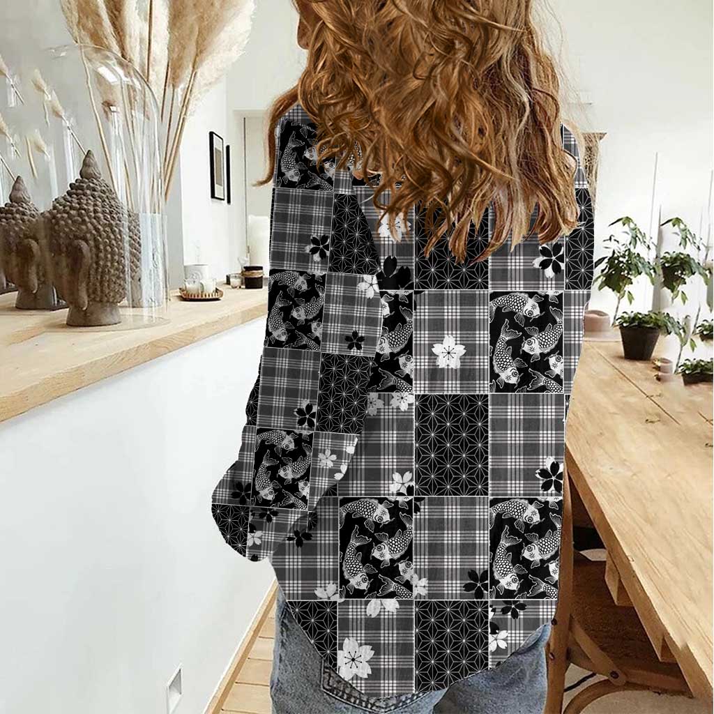 Black Palaka Japanese Patterns Women Casual Shirt Koi Fish Asanoha Sakura Patchwork Stylized - Polynesian Pride