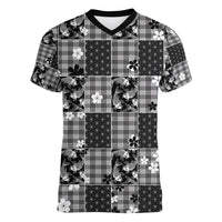 Black Palaka Japanese Patterns Women V-Neck T-Shirt Koi Fish Asanoha Sakura Patchwork Stylized - Polynesian Pride