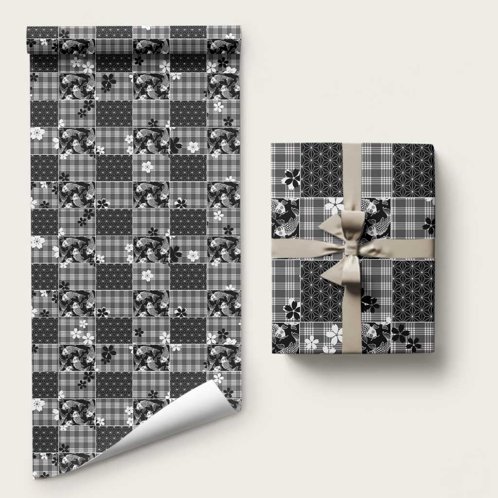 Black Palaka Japanese Patterns Wrapping Paper Koi Fish Asanoha Sakura Patchwork Stylized - Polynesian Pride