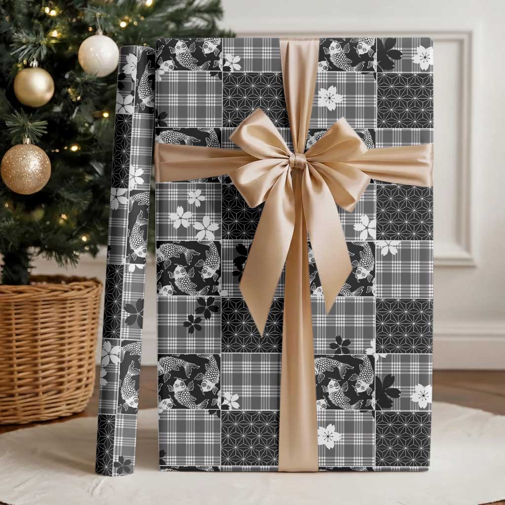 Black Palaka Japanese Patterns Wrapping Paper Koi Fish Asanoha Sakura Patchwork Stylized - Polynesian Pride