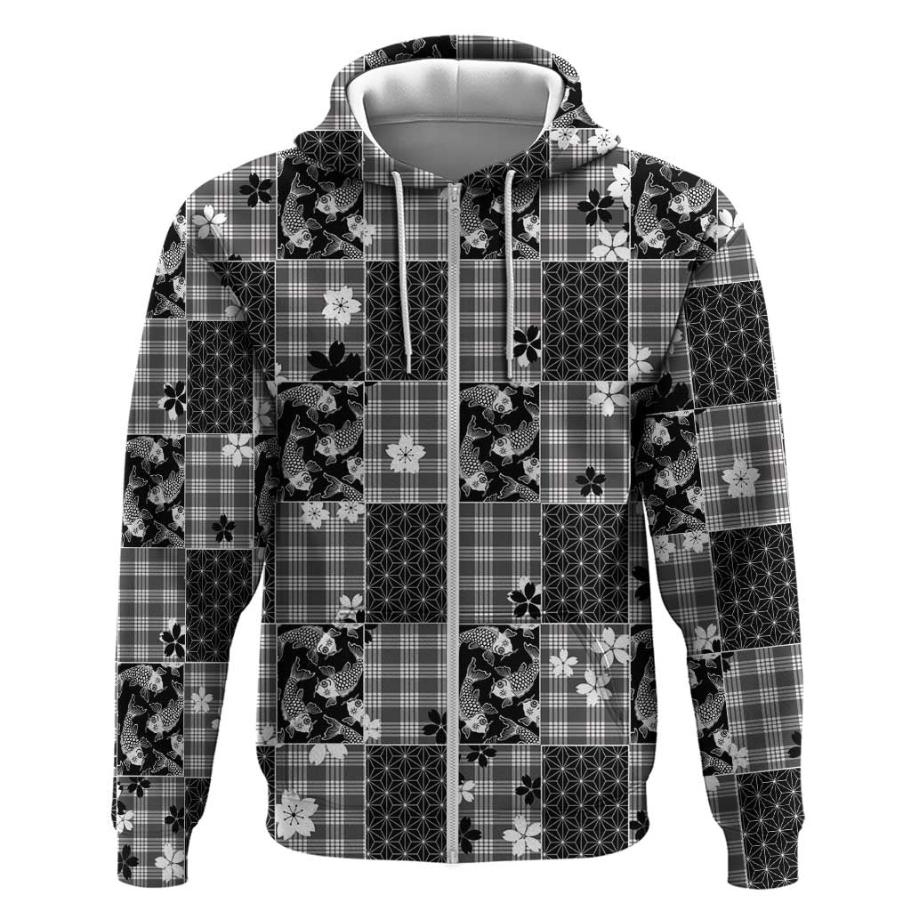 Black Palaka Japanese Patterns Zip Hoodie Koi Fish Asanoha Sakura Patchwork Stylized - Polynesian Pride