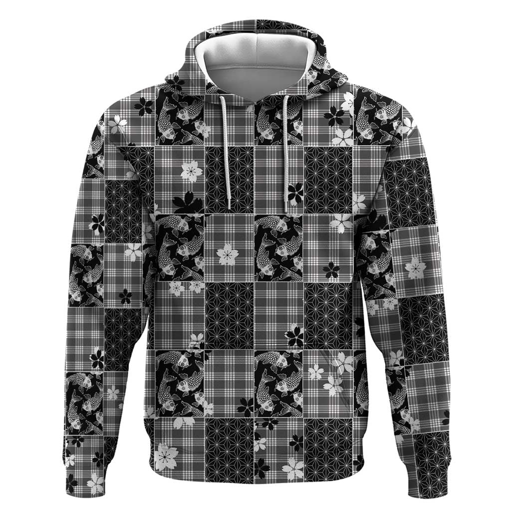 Black Palaka Japanese Patterns Zip Hoodie Koi Fish Asanoha Sakura Patchwork Stylized - Polynesian Pride