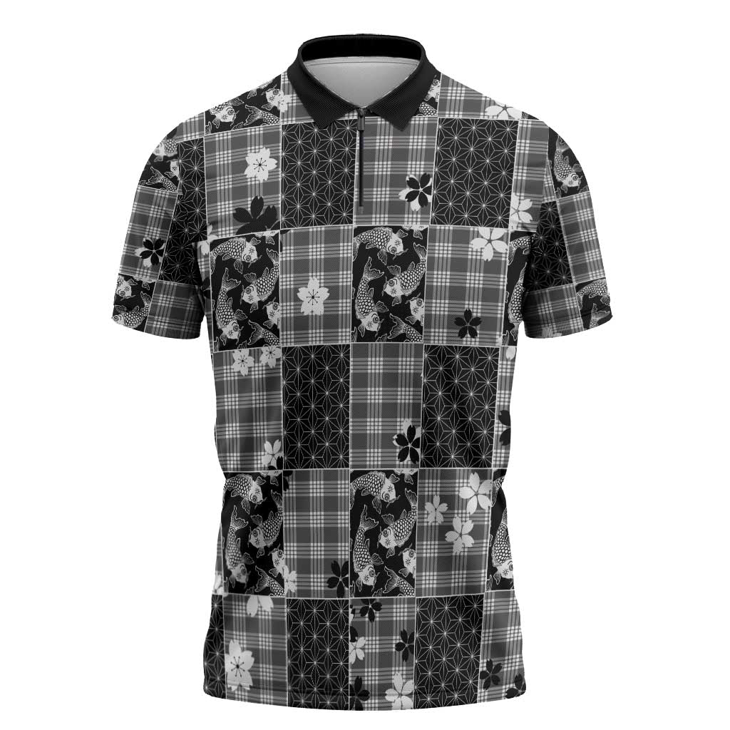 Black Palaka Japanese Patterns Zipper Polo Shirt Koi Fish Asanoha Sakura Patchwork Stylized - Polynesian Pride