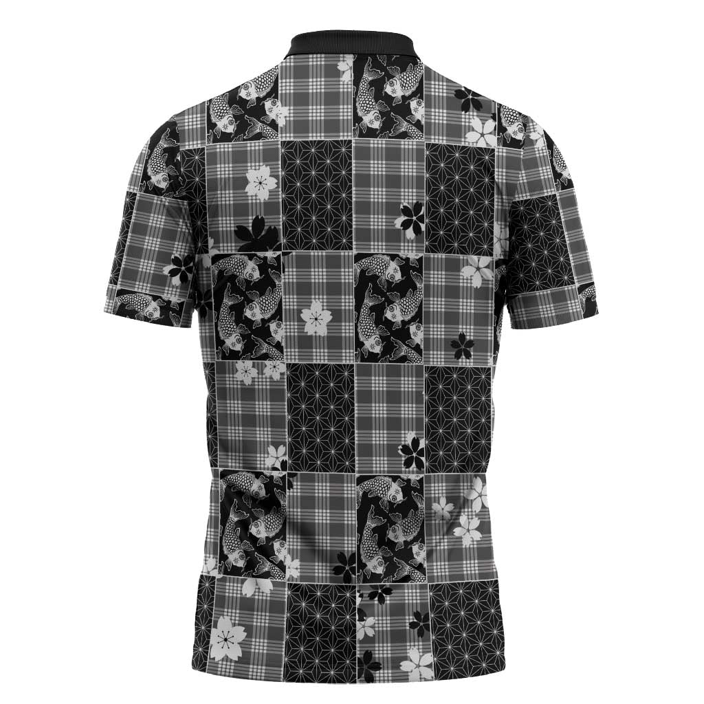 Black Palaka Japanese Patterns Zipper Polo Shirt Koi Fish Asanoha Sakura Patchwork Stylized - Polynesian Pride