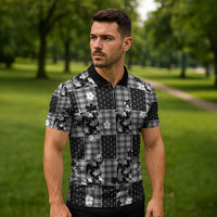 Black Palaka Japanese Patterns Zipper Polo Shirt Koi Fish Asanoha Sakura Patchwork Stylized - Polynesian Pride