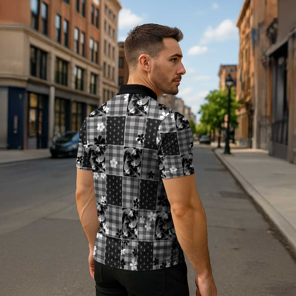 Black Palaka Japanese Patterns Zipper Polo Shirt Koi Fish Asanoha Sakura Patchwork Stylized - Polynesian Pride
