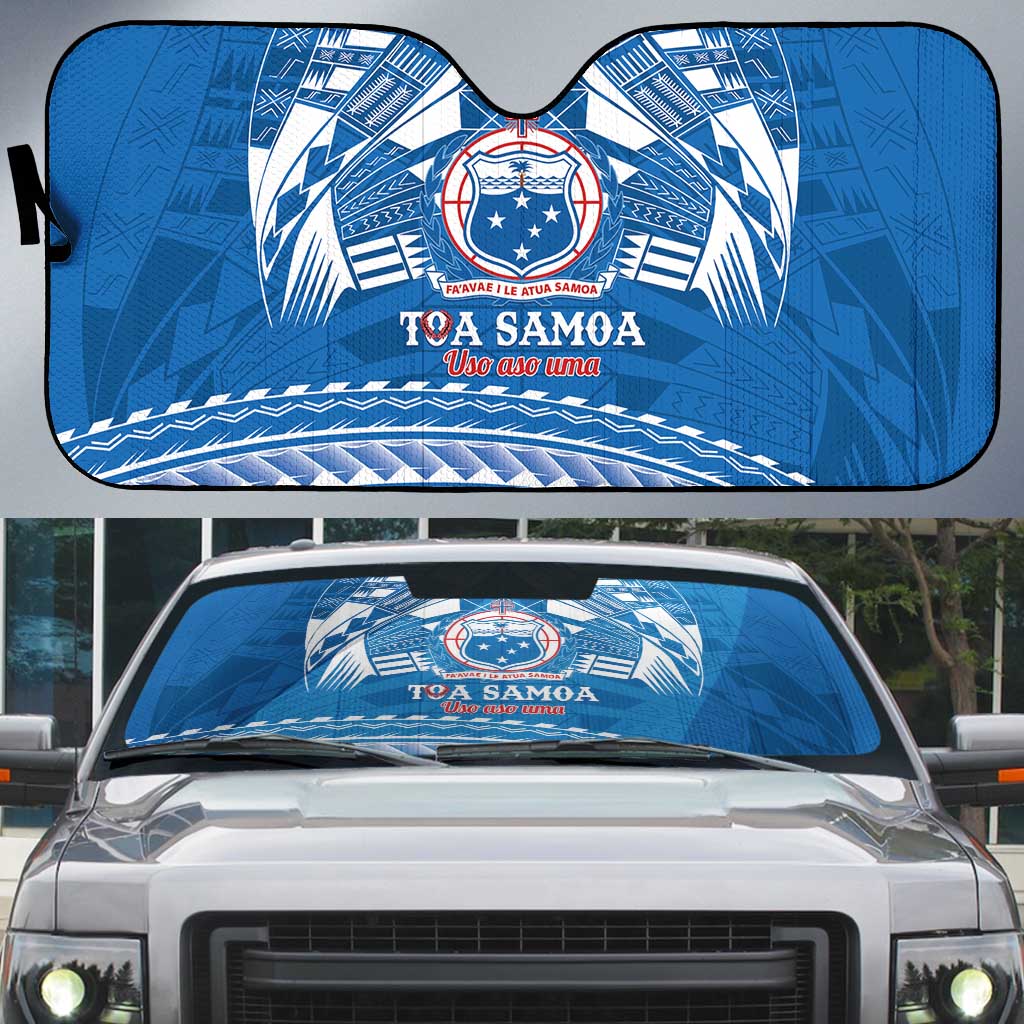 Toa Samoa Rugby Custom Auto Sun Shade Uso aso uma Samoan Pattern Blue - Polynesian Pride