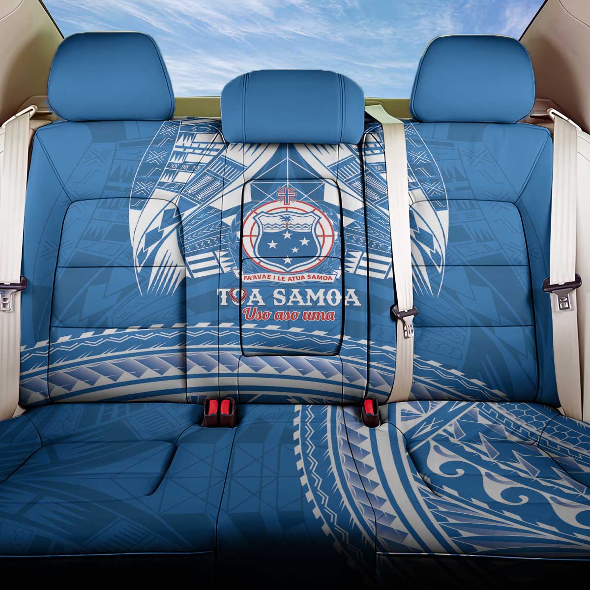 Toa Samoa Rugby Custom Back Car Seat Cover Uso aso uma Samoan Pattern Blue - Polynesian Pride