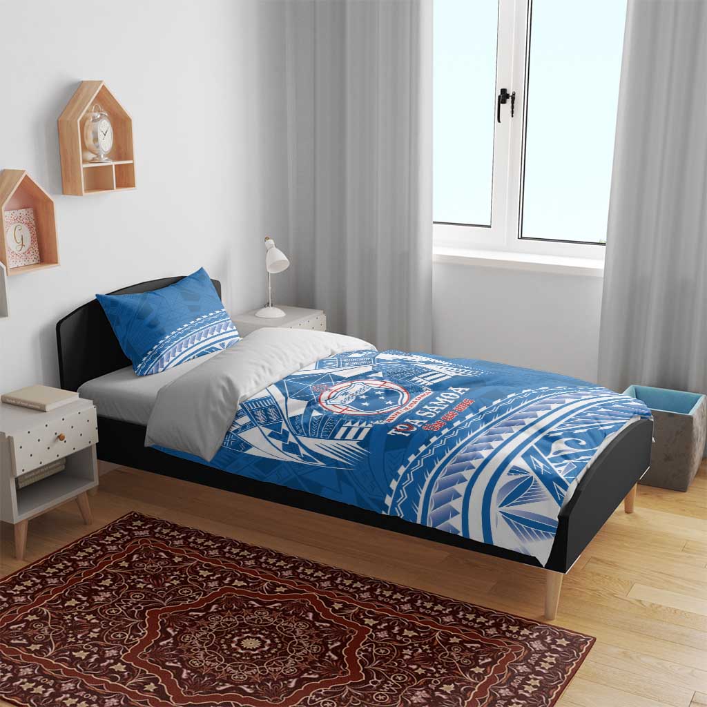 Toa Samoa Rugby Custom Bedding Set Uso aso uma Samoan Pattern Blue - Polynesian Pride