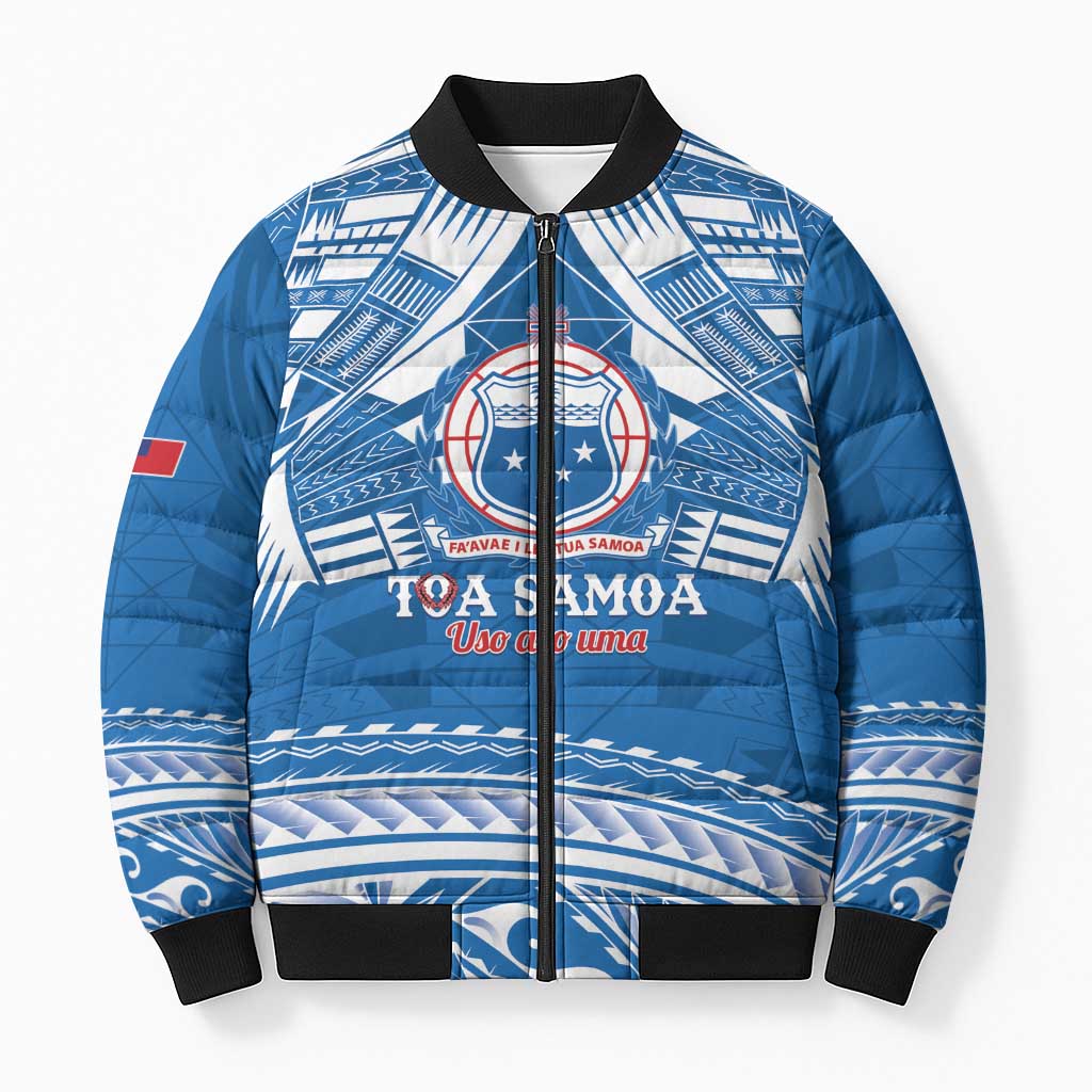 Toa Samoa Rugby Custom Bomber Puffer Jacket Uso aso uma Samoan Pattern Blue - Polynesian Pride