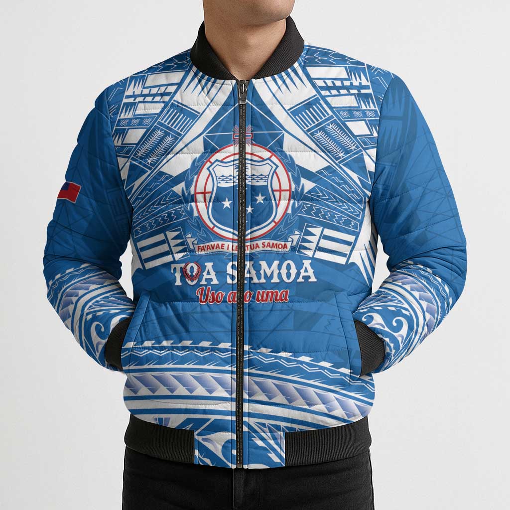 Toa Samoa Rugby Custom Bomber Puffer Jacket Uso aso uma Samoan Pattern Blue - Polynesian Pride