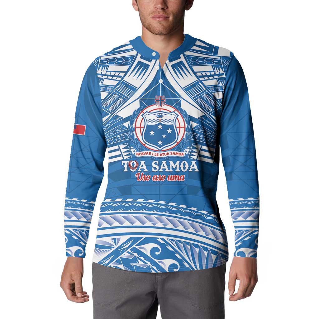 Toa Samoa Rugby Custom Button Sweatshirt Uso aso uma Samoan Pattern Blue - Polynesian Pride