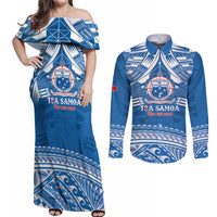Toa Samoa Rugby Custom Couples Matching Off Shoulder Maxi Dress and Long Sleeve Button Shirt Uso aso uma Samoan Pattern Blue - Polynesian Pride