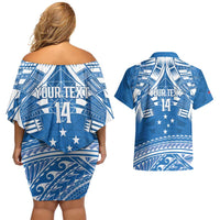 Toa Samoa Rugby Custom Couples Matching Off Shoulder Short Dress and Hawaiian Shirt Uso aso uma Samoan Pattern Blue - Polynesian Pride