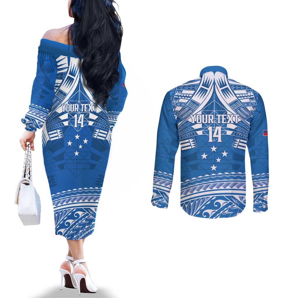 Toa Samoa Rugby Custom Couples Matching Off The Shoulder Long Sleeve Dress and Long Sleeve Button Shirt Uso aso uma Samoan Pattern Blue - Polynesian Pride