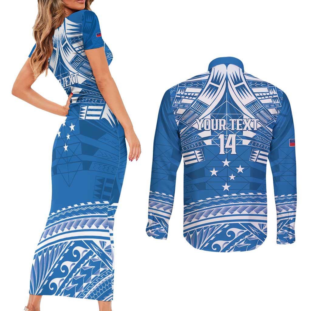 Toa Samoa Rugby Custom Couples Matching Short Sleeve Bodycon Dress and Long Sleeve Button Shirt Uso aso uma Samoan Pattern Blue - Polynesian Pride