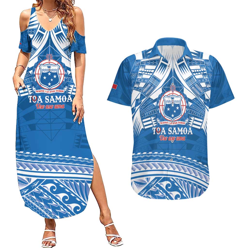 Toa Samoa Rugby Custom Couples Matching Summer Maxi Dress and Hawaiian Shirt Uso aso uma Samoan Pattern Blue - Polynesian Pride