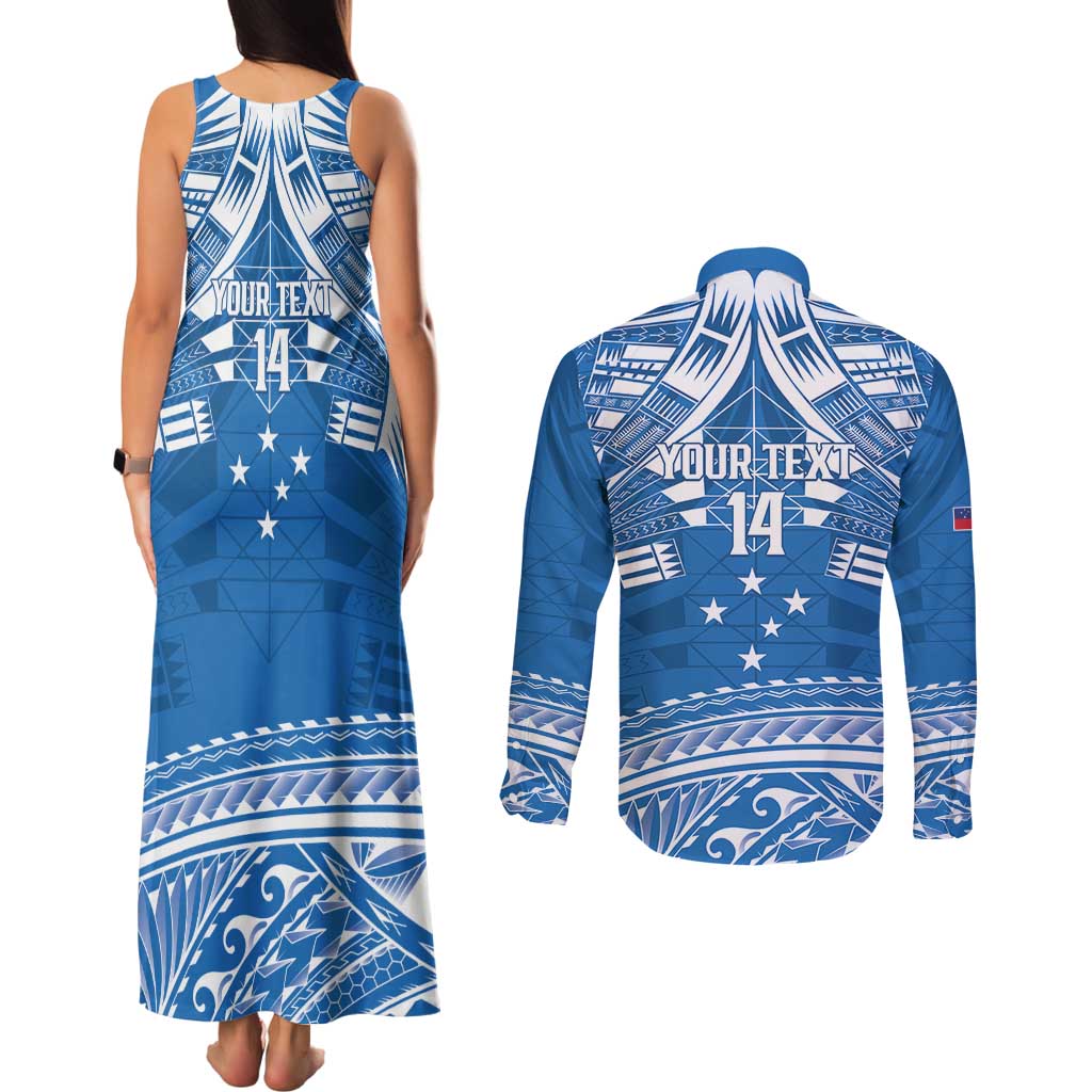 Toa Samoa Rugby Custom Couples Matching Tank Maxi Dress and Long Sleeve Button Shirt Uso aso uma Samoan Pattern Blue - Polynesian Pride