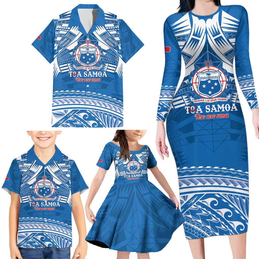 Toa Samoa Rugby Custom Family Matching Long Sleeve Bodycon Dress and Hawaiian Shirt Uso aso uma Samoan Pattern Blue - Polynesian Pride