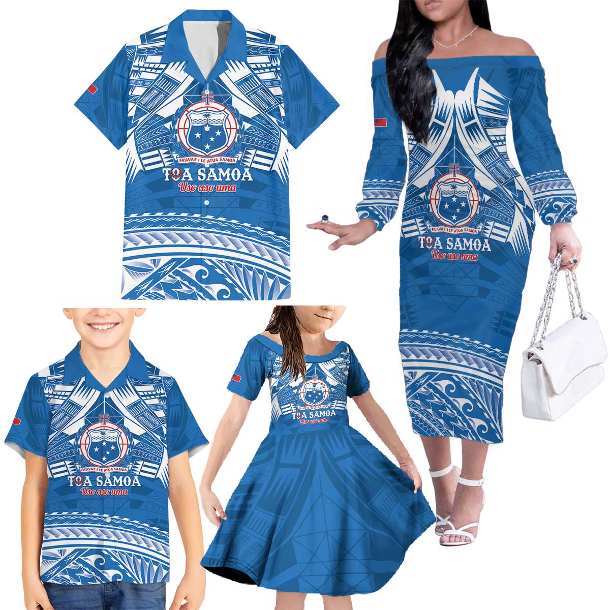 Toa Samoa Rugby Custom Family Matching Off The Shoulder Long Sleeve Dress and Hawaiian Shirt Uso aso uma Samoan Pattern Blue - Polynesian Pride