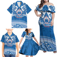 Toa Samoa Rugby Custom Family Matching Off Shoulder Maxi Dress and Hawaiian Shirt Uso aso uma Samoan Pattern Blue - Polynesian Pride