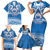 Toa Samoa Rugby Custom Family Matching Short Sleeve Bodycon Dress and Hawaiian Shirt Uso aso uma Samoan Pattern Blue - Polynesian Pride