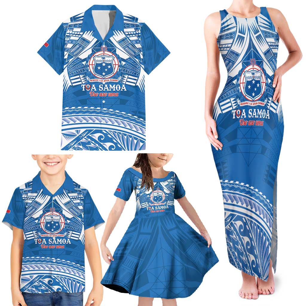 Toa Samoa Rugby Custom Family Matching Tank Maxi Dress and Hawaiian Shirt Uso aso uma Samoan Pattern Blue - Polynesian Pride