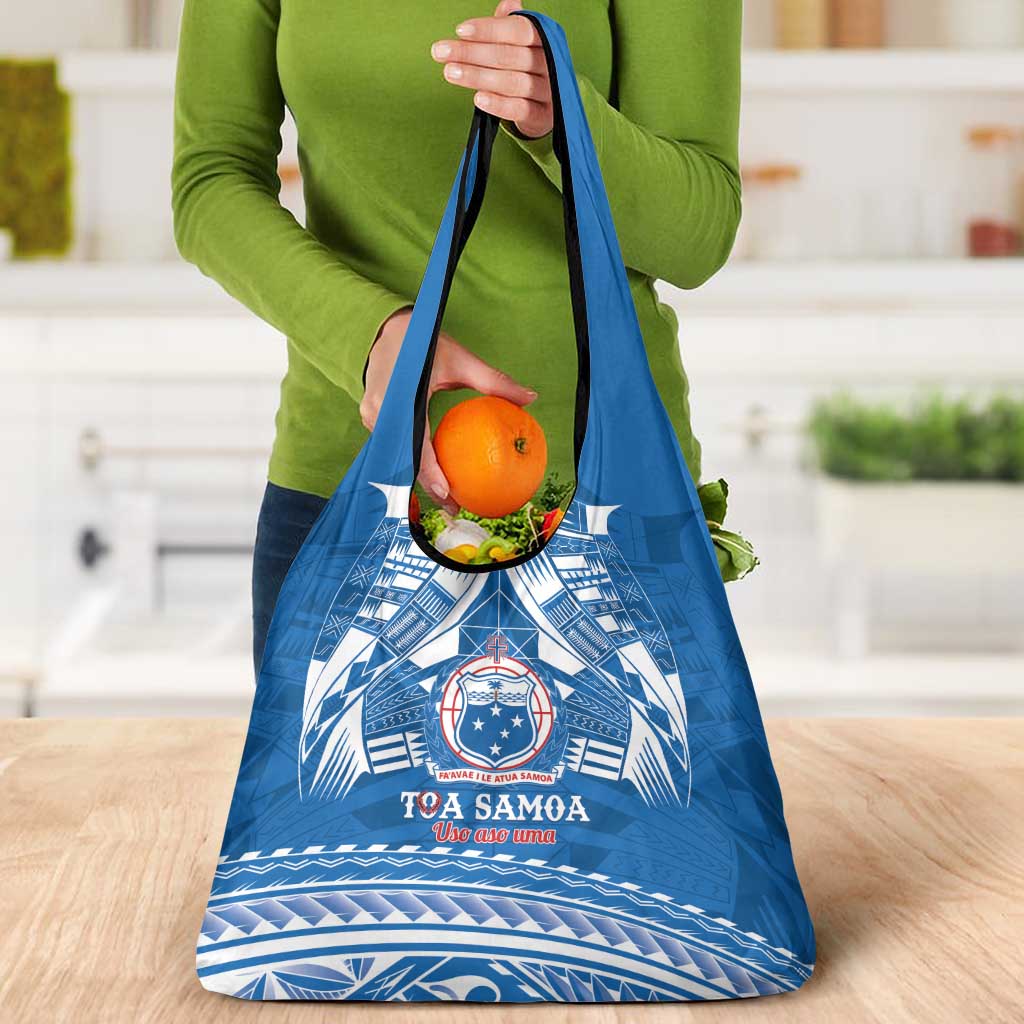 Toa Samoa Rugby Custom Grocery Bag Uso aso uma Samoan Pattern Blue - Polynesian Pride
