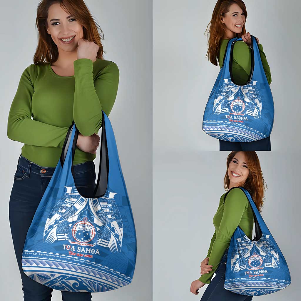 Toa Samoa Rugby Custom Grocery Bag Uso aso uma Samoan Pattern Blue - Polynesian Pride