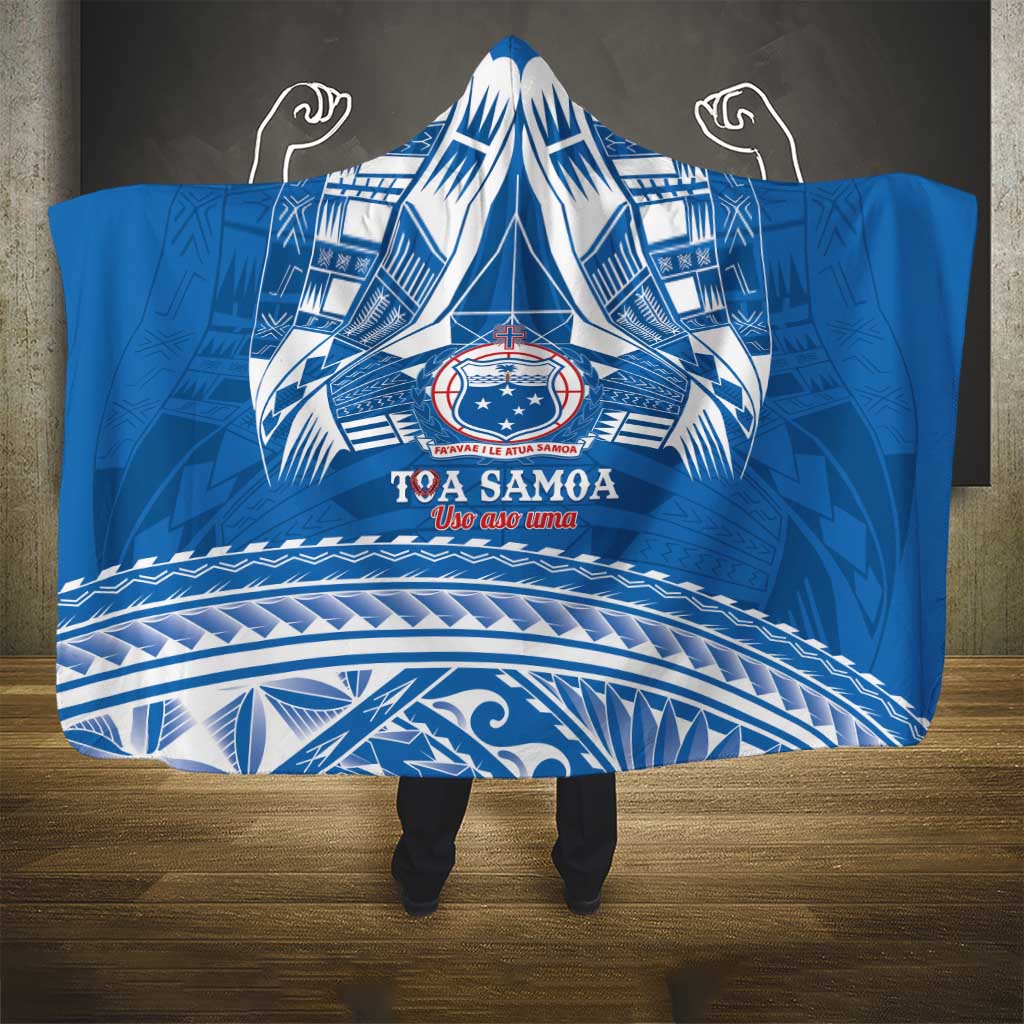 Toa Samoa Rugby Custom Hooded Blanket Uso aso uma Samoan Pattern Blue - Polynesian Pride