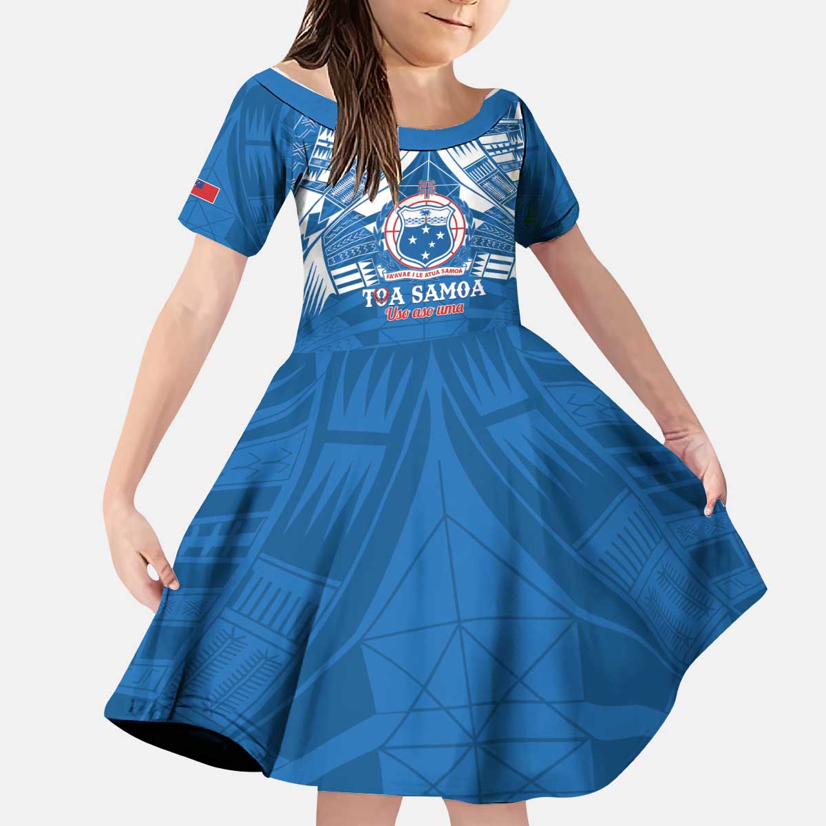 Toa Samoa Rugby Custom Kid Short Sleeve Dress Uso aso uma Samoan Pattern Blue - Polynesian Pride