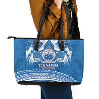 Toa Samoa Rugby Custom Leather Tote Bag Uso aso uma Samoan Pattern Blue - Polynesian Pride
