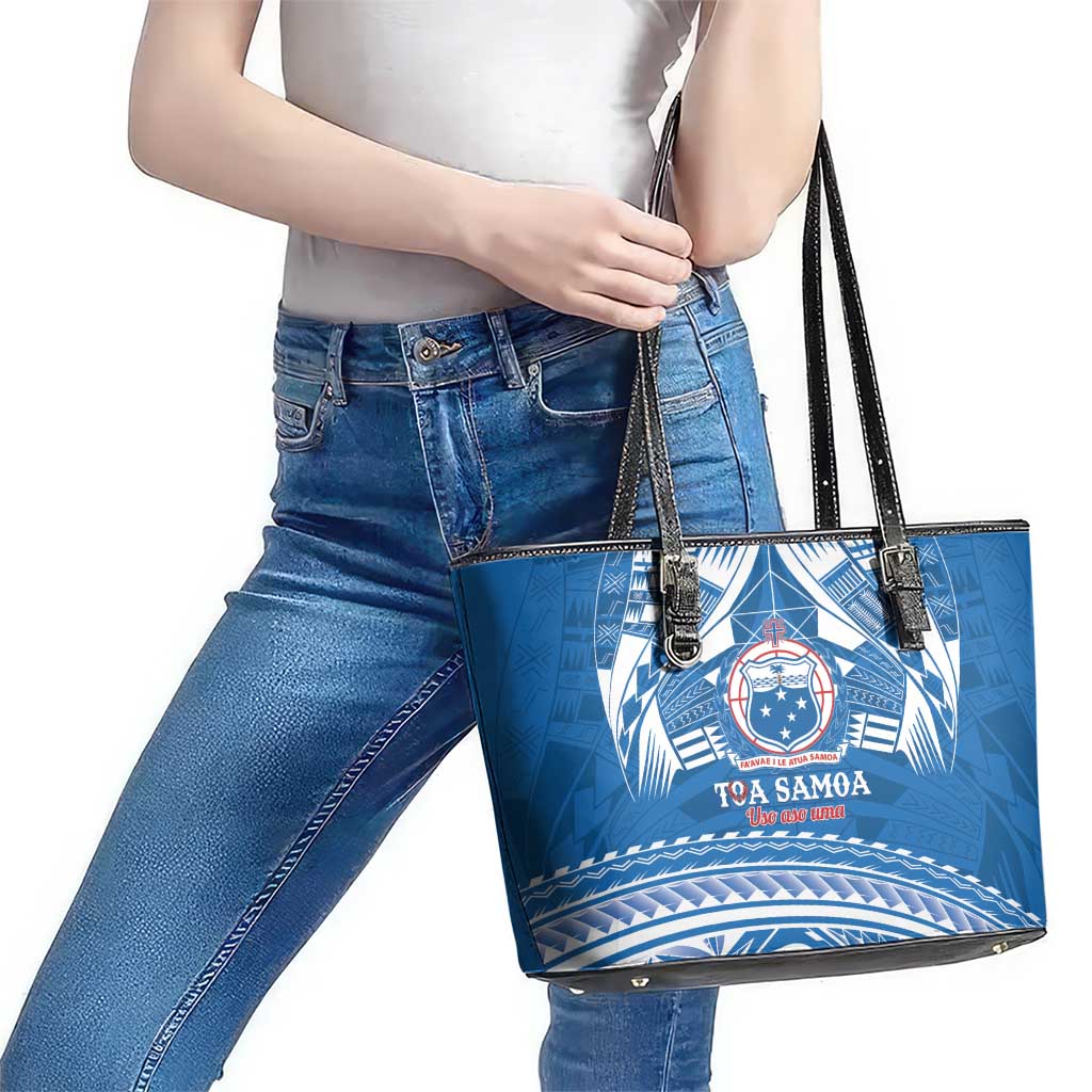Toa Samoa Rugby Custom Leather Tote Bag Uso aso uma Samoan Pattern Blue - Polynesian Pride