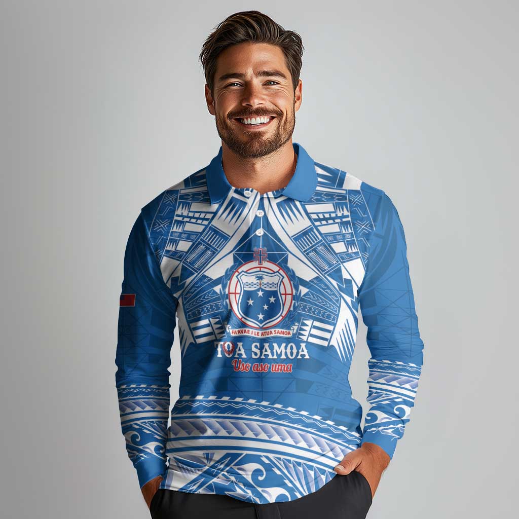 Toa Samoa Rugby Custom Long Sleeve Polo Shirt Uso aso uma Samoan Pattern Blue - Polynesian Pride